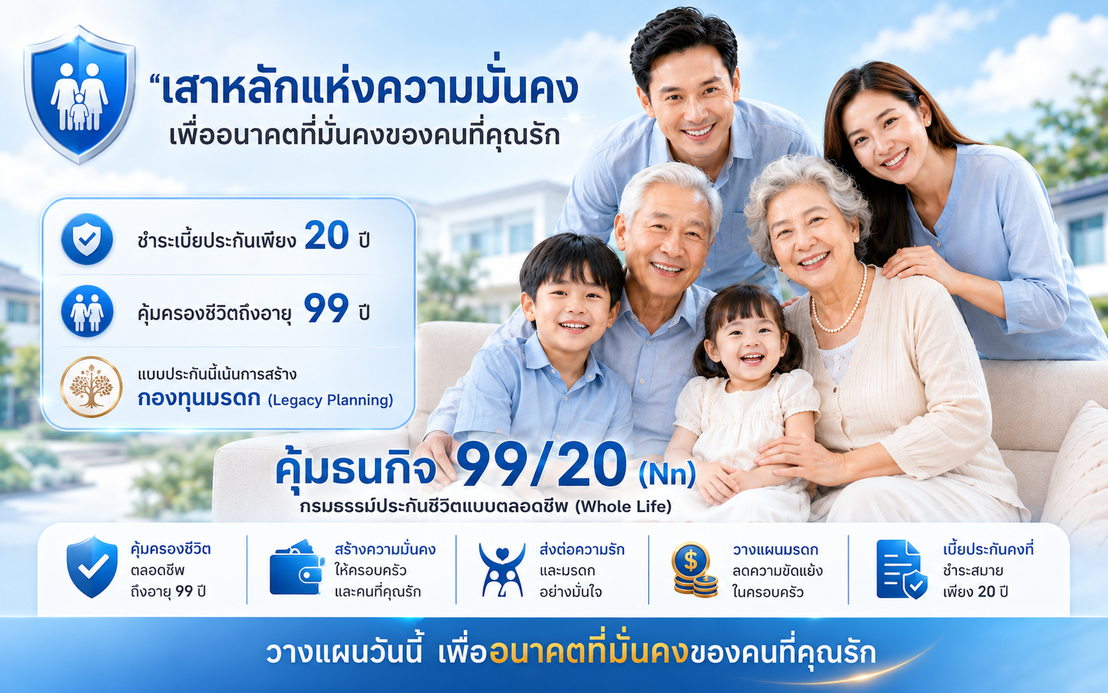 คุ้มธนกิจ 99/20 ประกันชีวิตตลอดชีพ คุ้มครองถึงอายุ 99 ปี สร้างมรดกให้คนที่คุณรัก