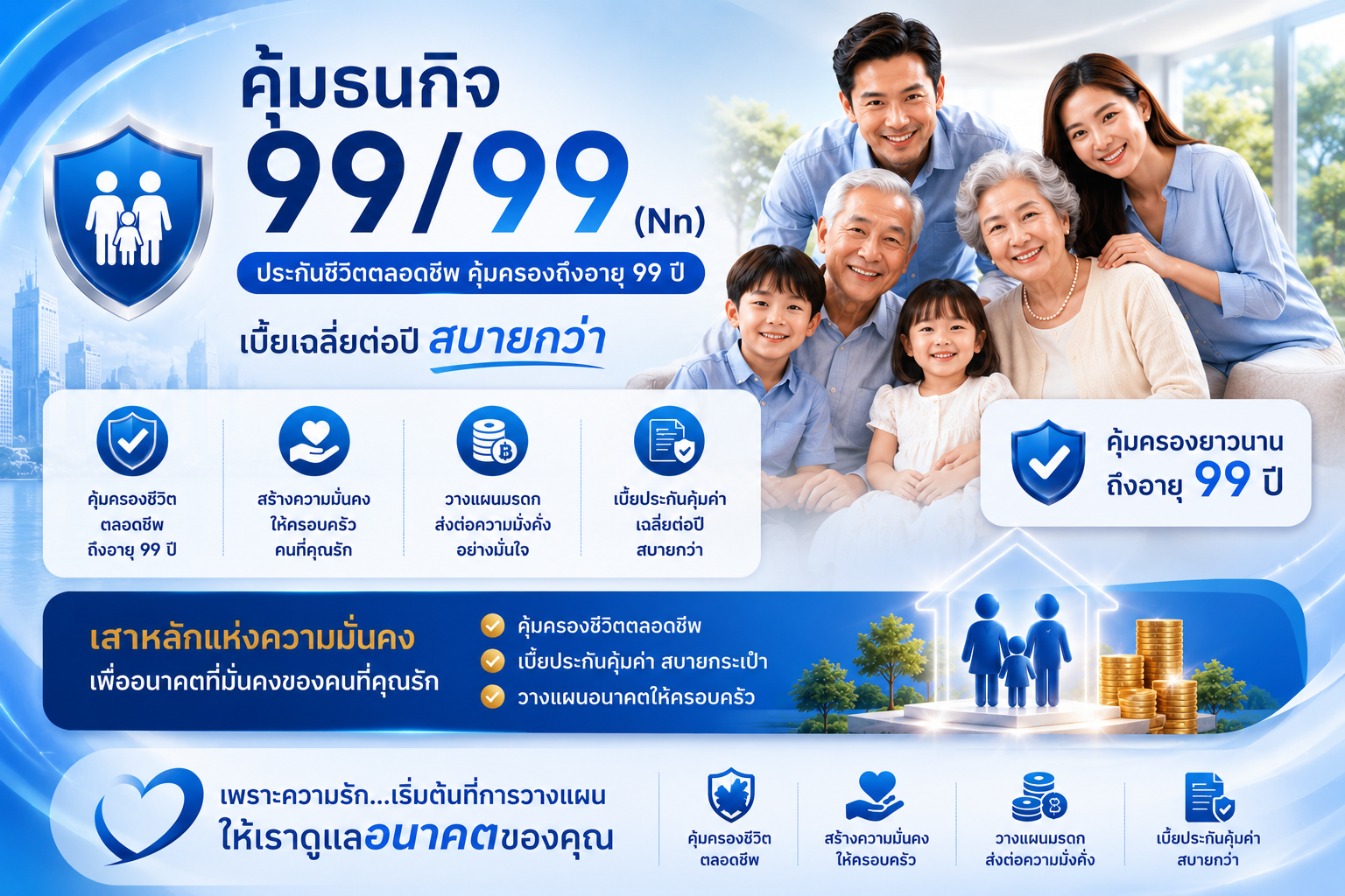 คุ้มธนกิจ 99/99 (Nn) ประกันชีวิตตลอดชีพ คุ้มครองถึงอายุ 99 ปี เบี้ยเฉลี่ยต่อปีสบายกว่า